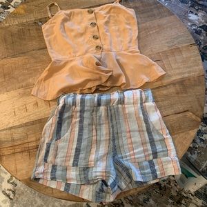 Linen blend paper bag striped shorts